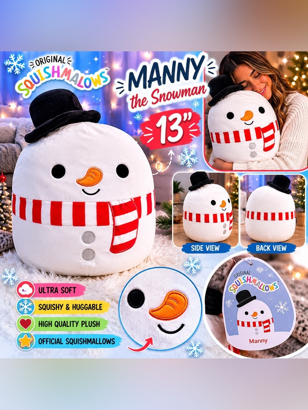Squishmallows Snowman Plush - White, Red, Black, Orange
